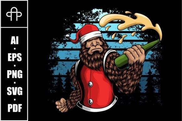Bigfoot Holding a Beer Bottle Christmas Illustrations