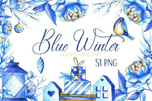 Blue Christmas Watercolor Clipart Set for Illustrations