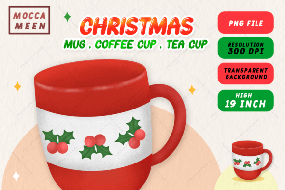 Christmas Red Mug with Holly Berries: Festive Illustrations for Makers