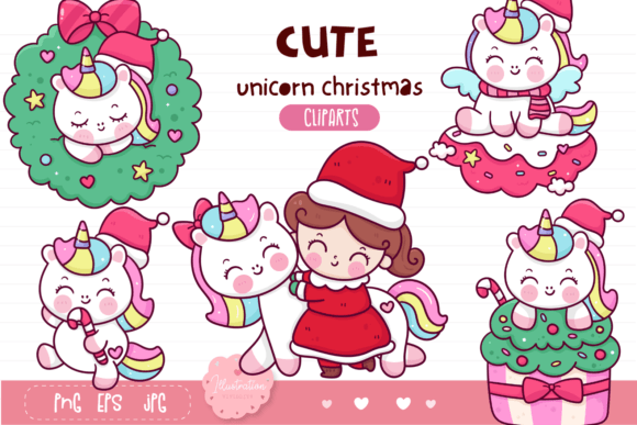 Christmas Unicorn Xmas Cartoon Kawaii Illustrations